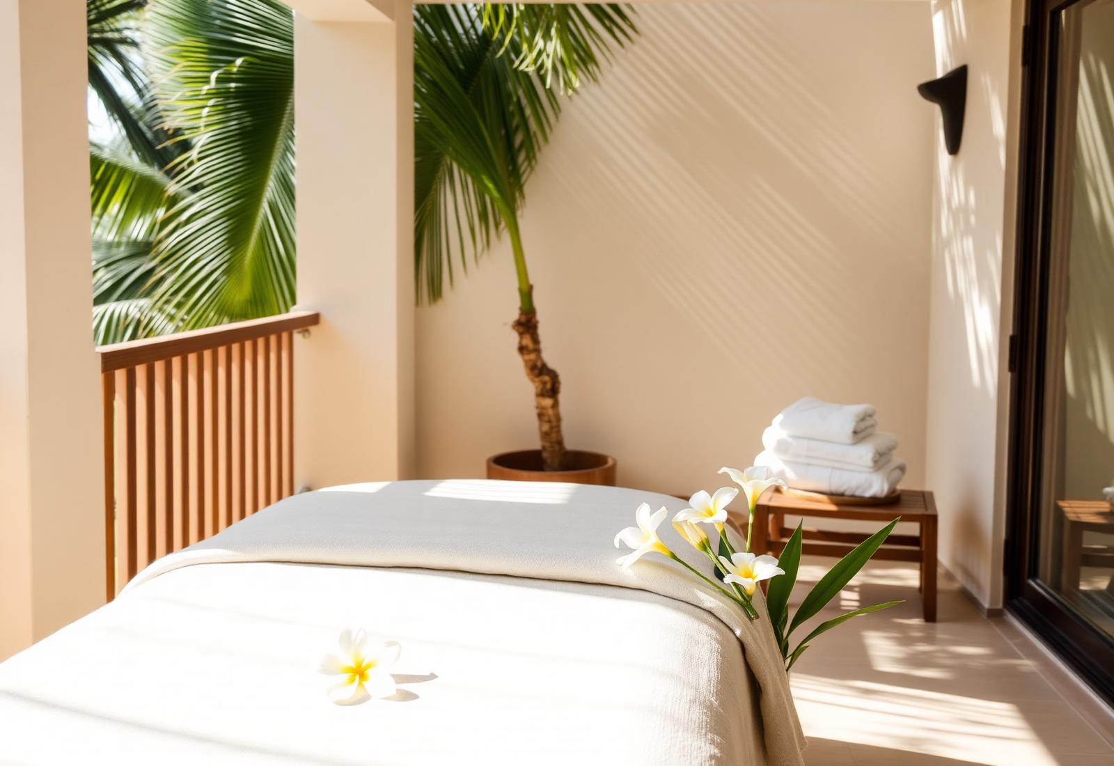 Massage table with plumeria flowers on a tropical terrace
